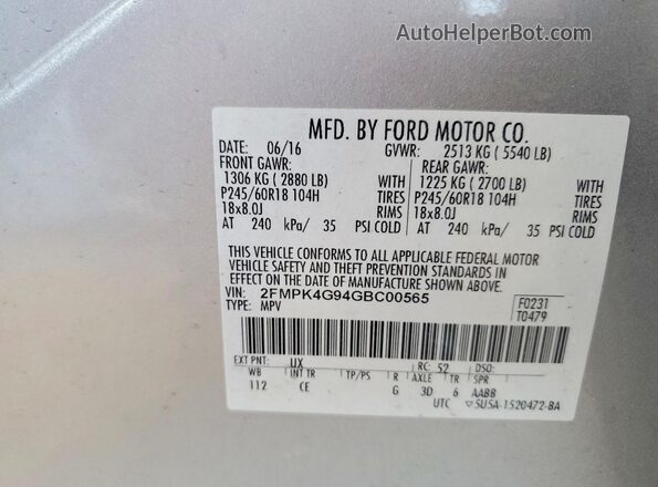 2FMPK4G94GBC00565 2016 FORD EDGE Серебряный Вид подкапотного пространства