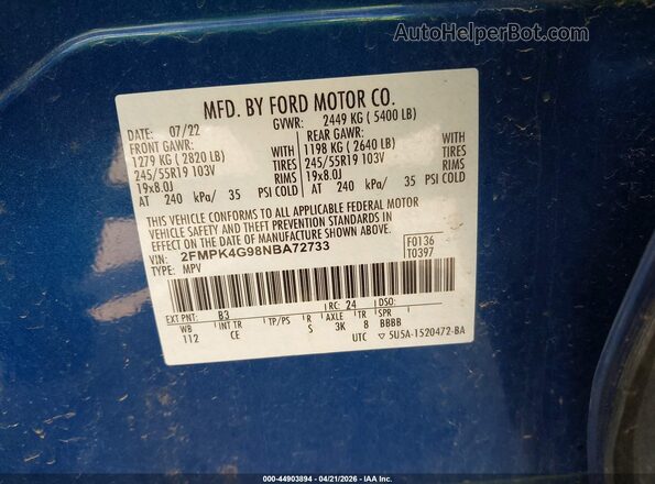 2FMPK4G98NBA72733 2022 FORD EDGE Blue Вид підкапотного простору