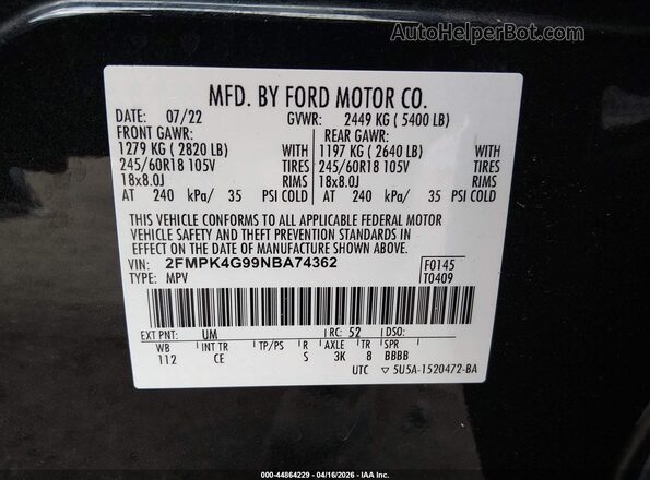 2FMPK4G99NBA74362 2022 FORD EDGE Black 