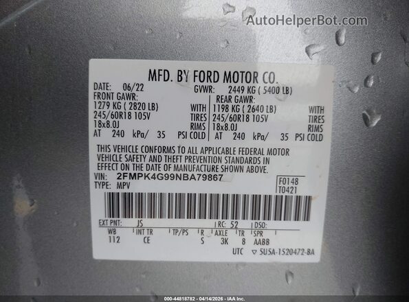 2FMPK4G99NBA79867 2022 FORD EDGE Silver Вид підкапотного простору