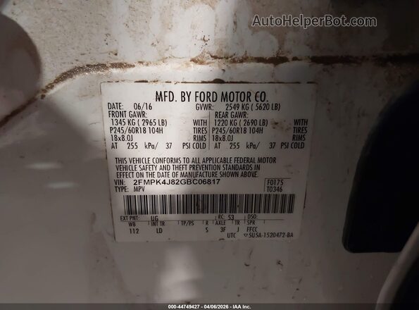 2FMPK4J82GBC06817 2016 FORD EDGE White Вид підкапотного простору