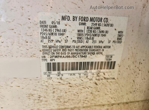 2FMPK4J89JBC17840 2018 FORD EDGE White 360 interior view