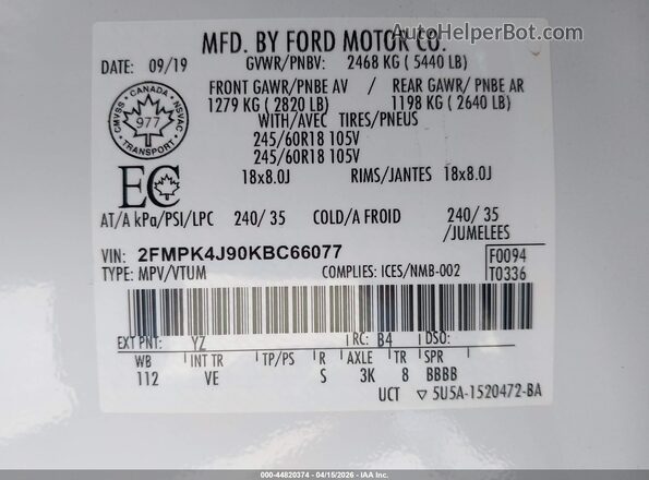 2FMPK4J90KBC66077 2019 FORD EDGE White Շարժիչի բաժամունքի տեսք