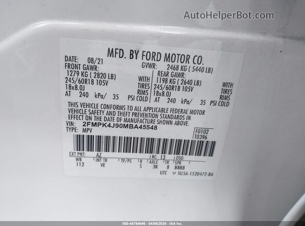 2FMPK4J90MBA45548 2021 FORD EDGE White 