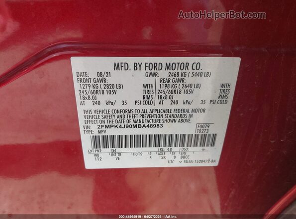 2FMPK4J90MBA48983 2021 FORD EDGE Red Widok komory silnika