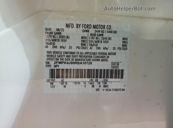 2FMPK4J90RBA10726 2024 FORD EDGE White Вид наклейки з VIN-кодом