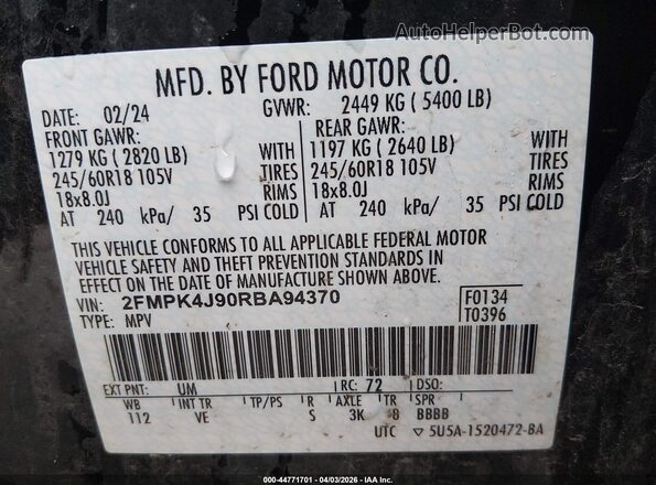 2FMPK4J90RBA94370 2024 FORD EDGE Black Вид підкапотного простору