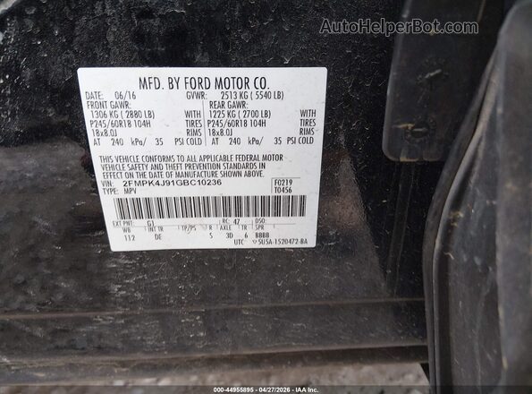 2FMPK4J91GBC10236 2016 FORD EDGE Black ძრავის განყოფილების ხედი