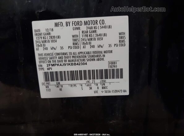 2FMPK4J91KBB42304 2019 FORD EDGE Black Widok komory silnika