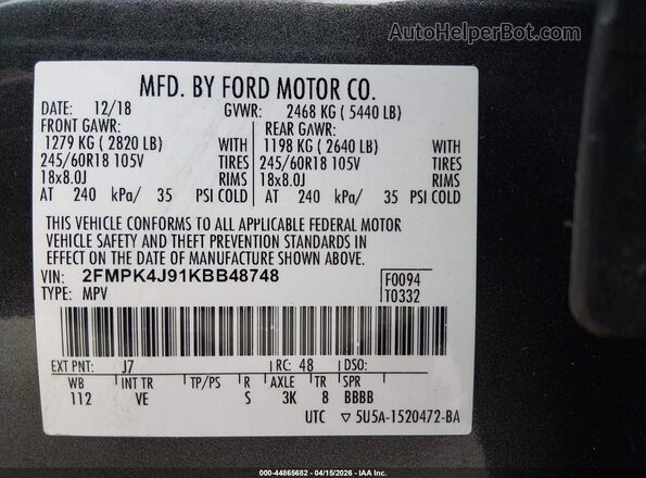2FMPK4J91KBB48748 2019 FORD EDGE Gray Շարժիչի բաժամունքի տեսք