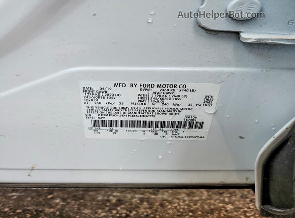 2FMPK4J91KBC00279 2019 FORD EDGE Белый Вид наклейки с VIN-кодом