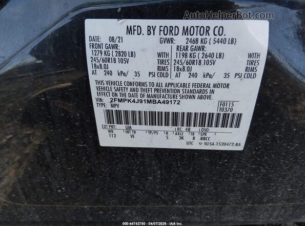 2FMPK4J91MBA49172 2021 FORD EDGE Black ძრავის განყოფილების ხედი