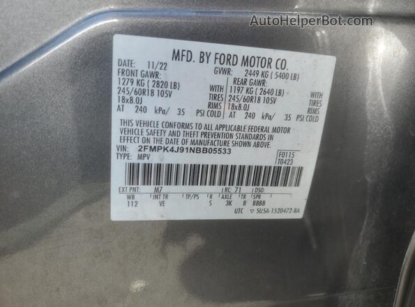 2FMPK4J91NBB05533 2022 FORD EDGE Gray VIN sticker view