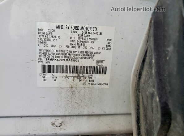 2FMPK4J92LBA69929 2020 FORD EDGE White Շարժիչի բաժամունքի տեսք