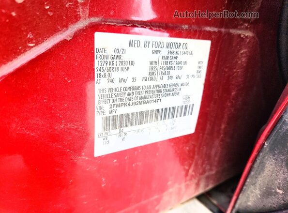 2FMPK4J92MBA01471 2021 FORD EDGE Red 