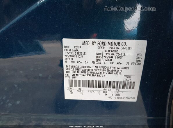 2FMPK4J93LBA38737 2020 FORD EDGE Blue Widok komory silnika