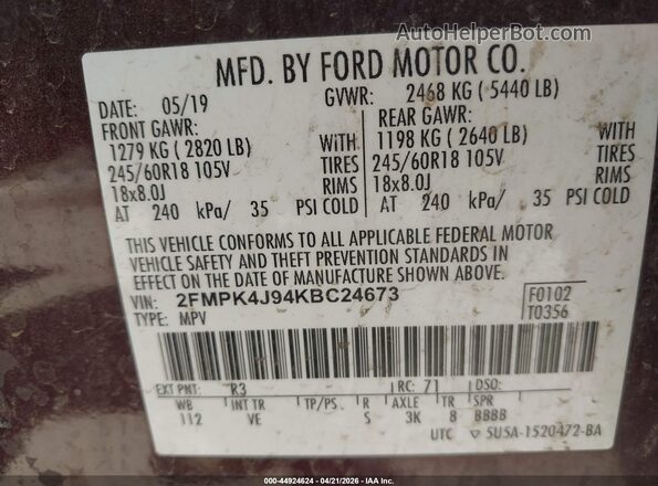 2FMPK4J94KBC24673 2019 FORD EDGE Purple Widok komory silnika