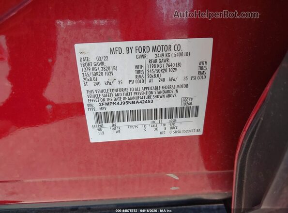 2FMPK4J95NBA42453 2022 FORD EDGE Red Vista del compartimento del motor