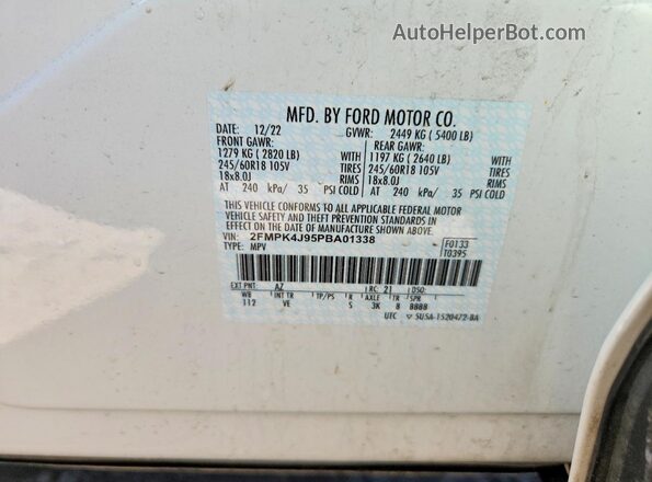 2FMPK4J95PBA01338 2023 FORD EDGE White VIN կոդի պիտակի տեսք