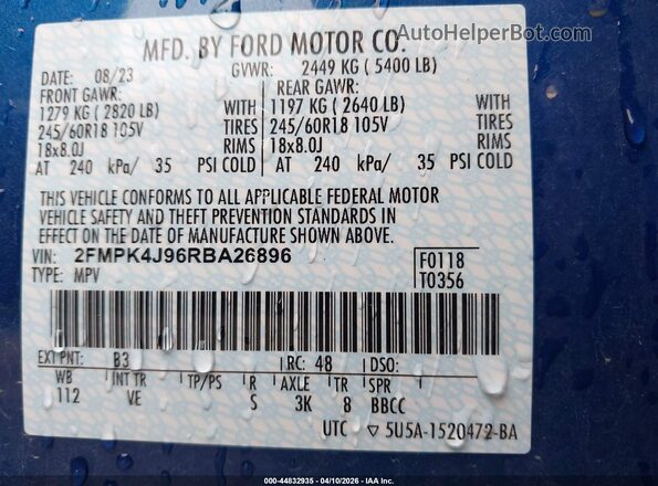 2FMPK4J96RBA26896 2024 FORD EDGE Blue Вид підкапотного простору