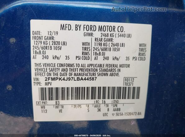 2FMPK4J97LBA44587 2020 FORD EDGE Blue Vista del compartimento del motor