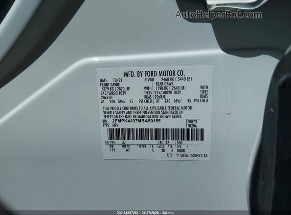 2FMPK4J97MBA59155 2021 FORD EDGE White ძრავის განყოფილების ხედი