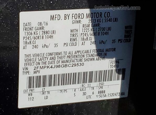 2FMPK4J98GBC29530 2016 FORD EDGE Charcoal VIN կոդի պիտակի տեսք