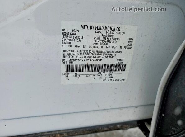 2FMPK4J98MBA13009 2021 FORD EDGE White VIN կոդի պիտակի տեսք