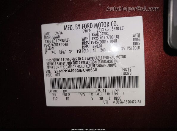 2FMPK4J99GBC48538 2016 FORD EDGE Red Շարժիչի բաժամունքի տեսք