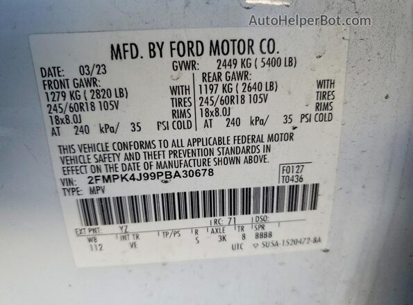 2FMPK4J99PBA30678 2023 FORD EDGE White VIN კოდის სტიკერის ხედი