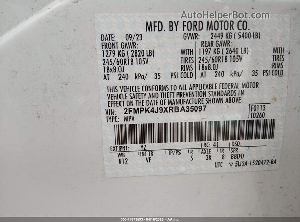 2FMPK4J9XRBA35097 2024 FORD EDGE White Vista del compartimento del motor