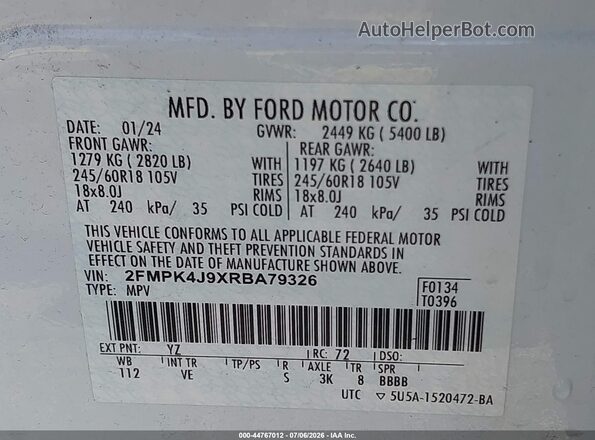2FMPK4J9XRBA79326 2024 FORD EDGE White Շարժիչի բաժամունքի տեսք