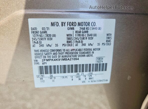 2FMPK4K91MBA21094 2021 FORD EDGE Желто-коричневый Панорамный вид салона 360°