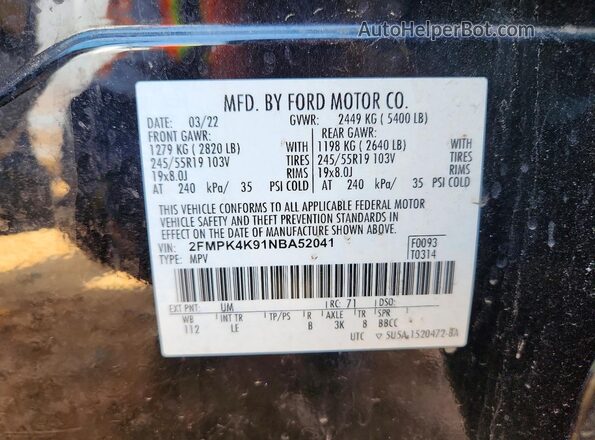 2FMPK4K91NBA52041 2022 FORD EDGE Black Vista de la etiqueta del VIN