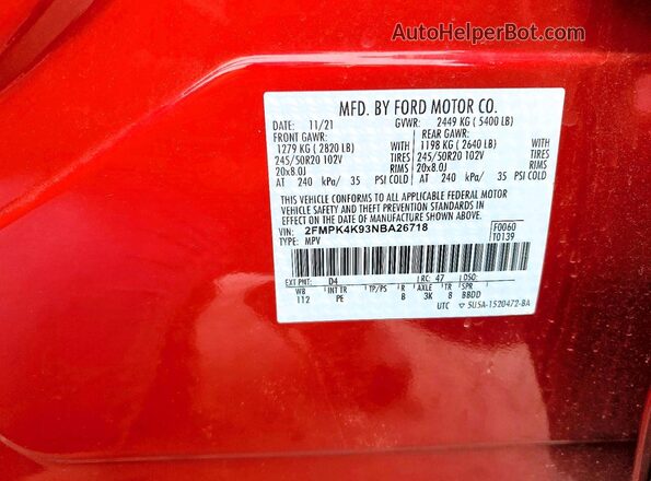 2FMPK4K93NBA26718 2022 FORD EDGE Красный Панорамный вид салона 360°