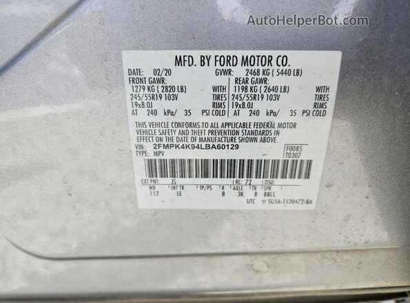 2FMPK4K94LBA60129 2020 FORD EDGE Silver VIN կոդի պիտակի տեսք