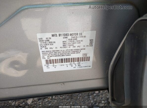 2FMPK4K95LBA72404 2020 FORD EDGE Silver Engine compartment view