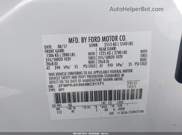 2FMPK4K96HBC51171 2017 FORD EDGE White Widok komory silnika