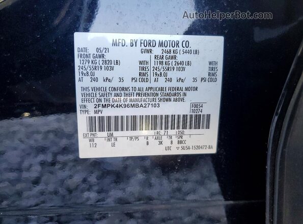 2FMPK4K96MBA27103 2021 FORD EDGE Black VIN sticker view