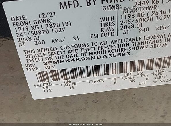 2FMPK4K98NBA36693 2022 FORD EDGE Black Вид підкапотного простору