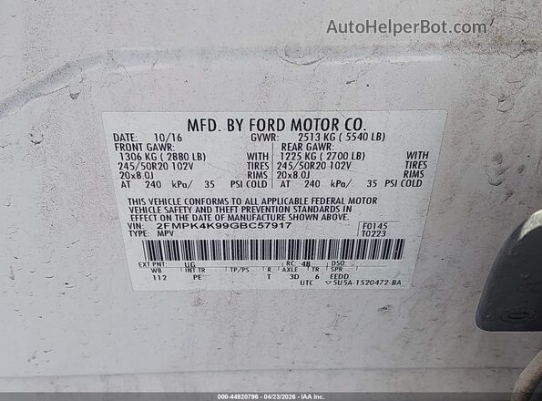 2FMPK4K99GBC57917 2016 FORD EDGE White Engine compartment view