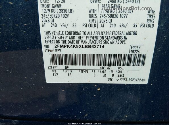 2FMPK4K9XLBB62714 2020 FORD EDGE Blue 