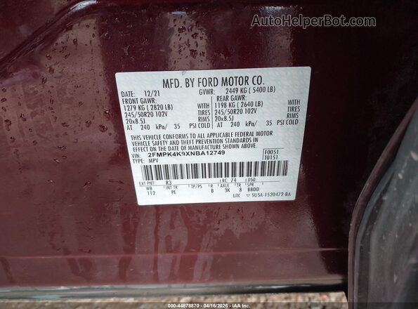 2FMPK4K9XNBA12749 2022 FORD EDGE Burgundy ძრავის განყოფილების ხედი