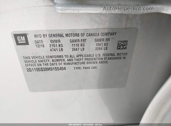 2G1105S38H9155494 2017 CHEVROLET IMPALA Silver 