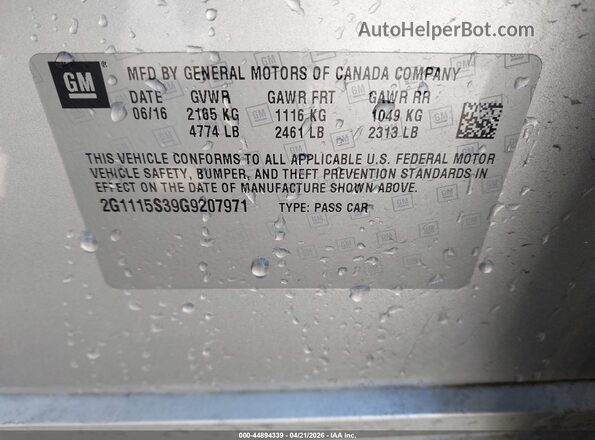 2G1115S39G9207971 2016 CHEVROLET IMPALA Silver ძრავის განყოფილების ხედი