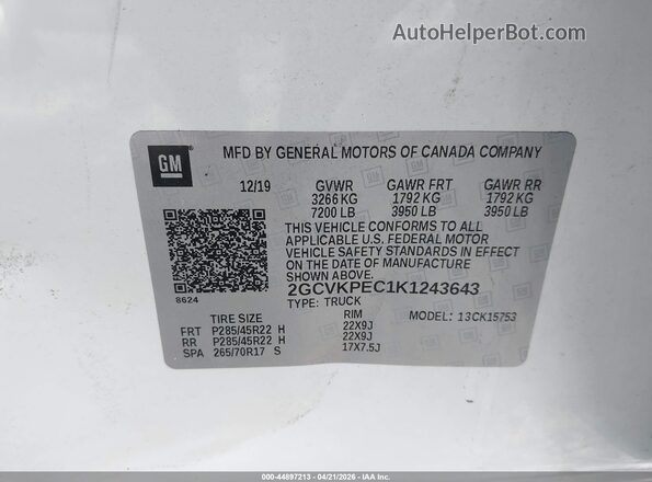 2GCVKPEC1K1243643 2019 CHEVROLET SILVERADO White Вид підкапотного простору