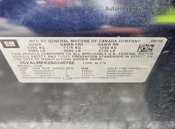 2GKALMEK2G6346702 2016 GMC TERRAIN Blue VIN sticker view