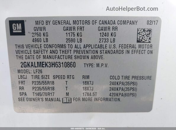 2GKALMEK3H6310860 2017 GMC TERRAIN White Engine compartment view