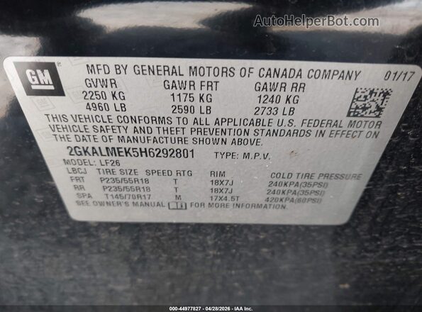 2GKALMEK5H6292801 2017 GMC TERRAIN Black Vista del compartimento del motor