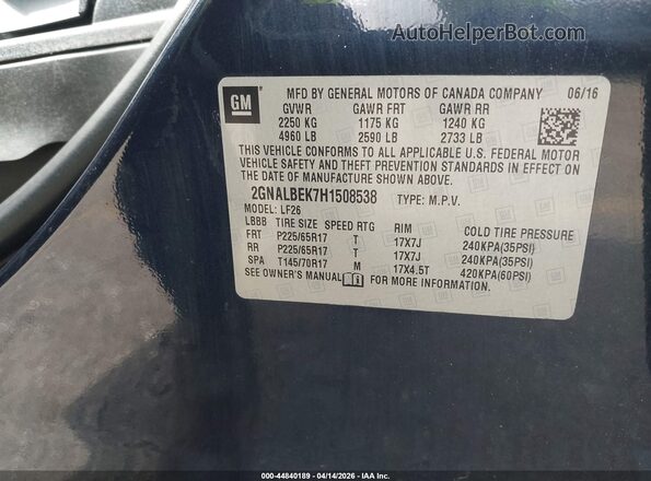 2GNALBEK7H1508538 2017 CHEVROLET EQUINOX Dark Blue Widok komory silnika